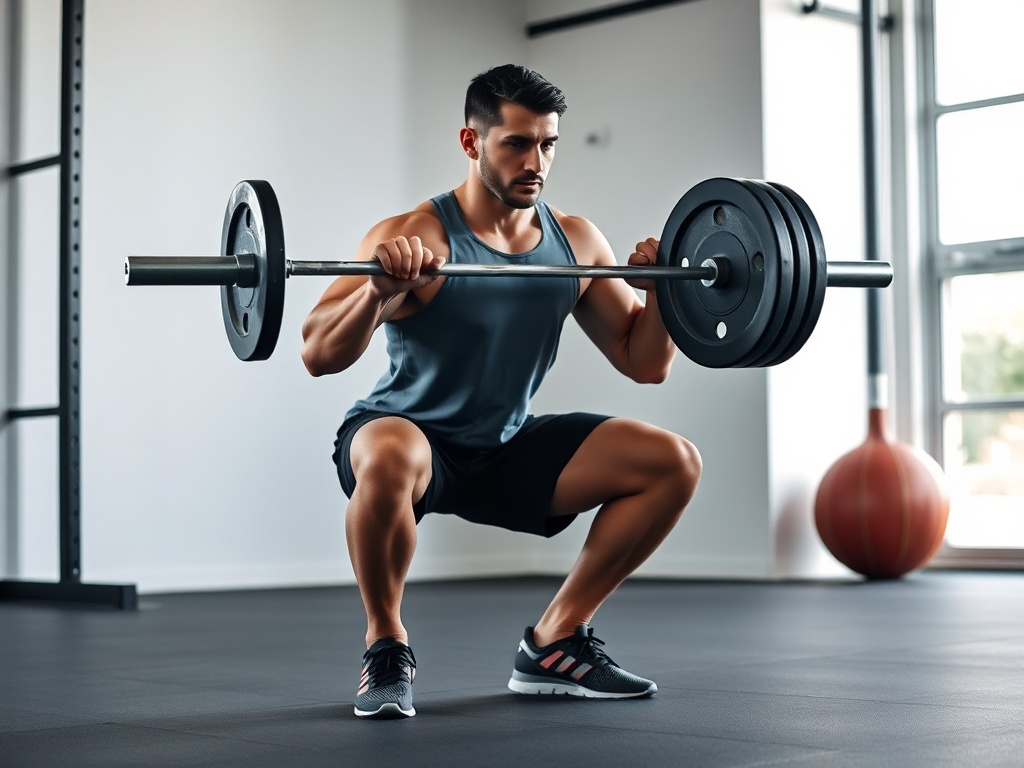 athlete performing Bulgarian split squat in quiet gym, controlled movement, strong posture, natural light