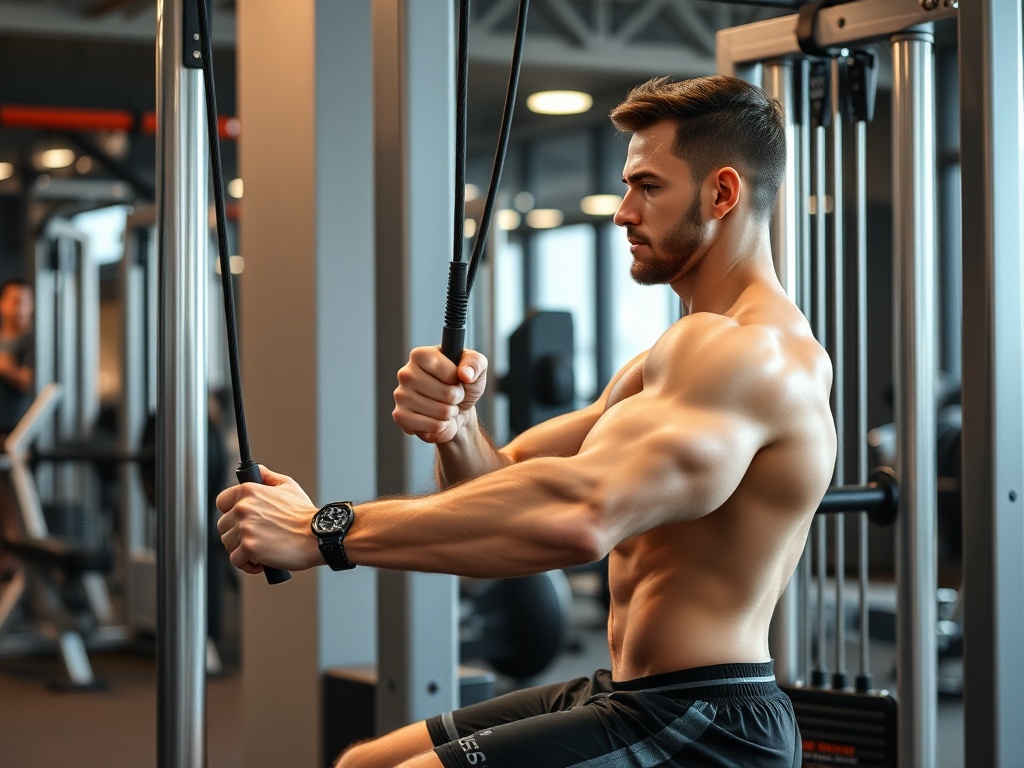 athlete using cable machine with controlled motion, focus on alignment, clean gym setting