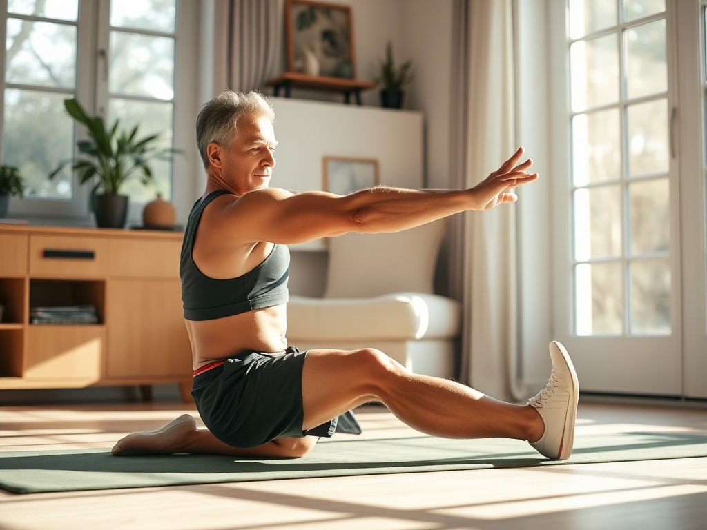middle-aged athlete doing morning mobility routine at home, sunlight, calm environment, precise movements
