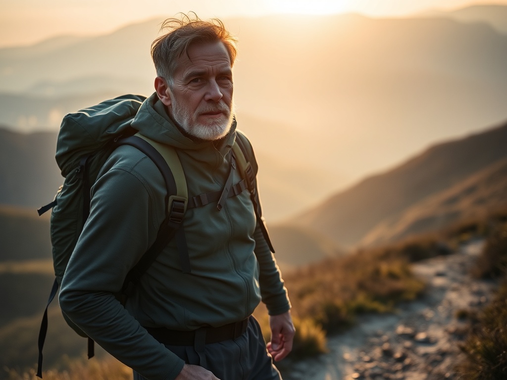 middle-aged person hiking with weighted backpack on trail, mountains, early morning light, calm focused mood