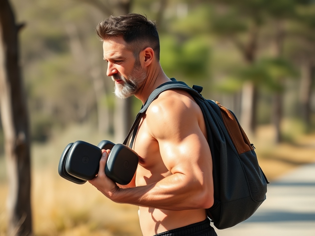 fit man over 40 carrying heavy dumbbells walking outdoors, strong posture, functional training, natural setting