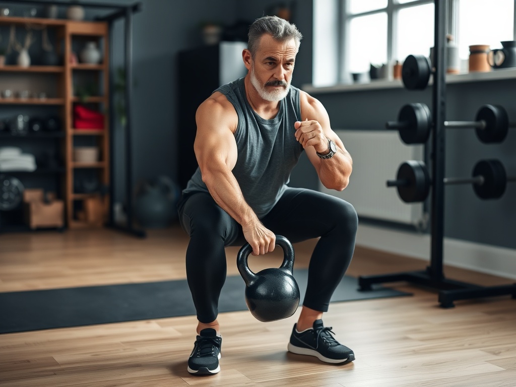 fit man over 40 performing goblet squat slowly with kettlebell, upright posture, controlled tempo, home gym setting