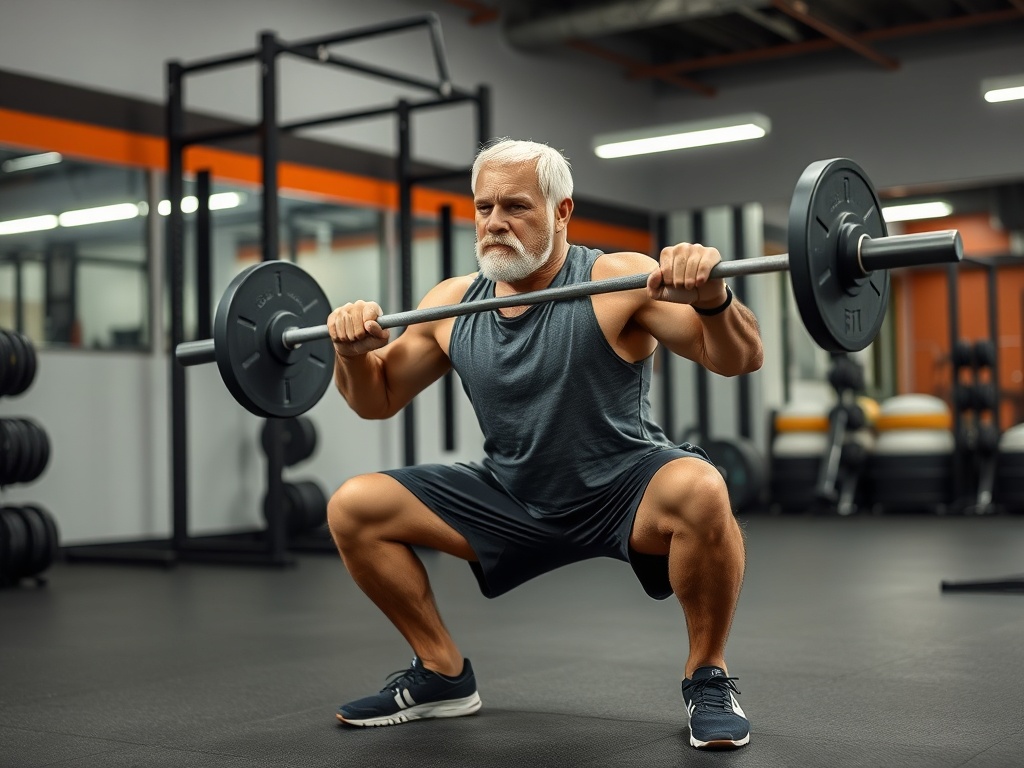 man over 40 doing split squat in controlled form, strong posture, single-leg focus, minimal gym environment