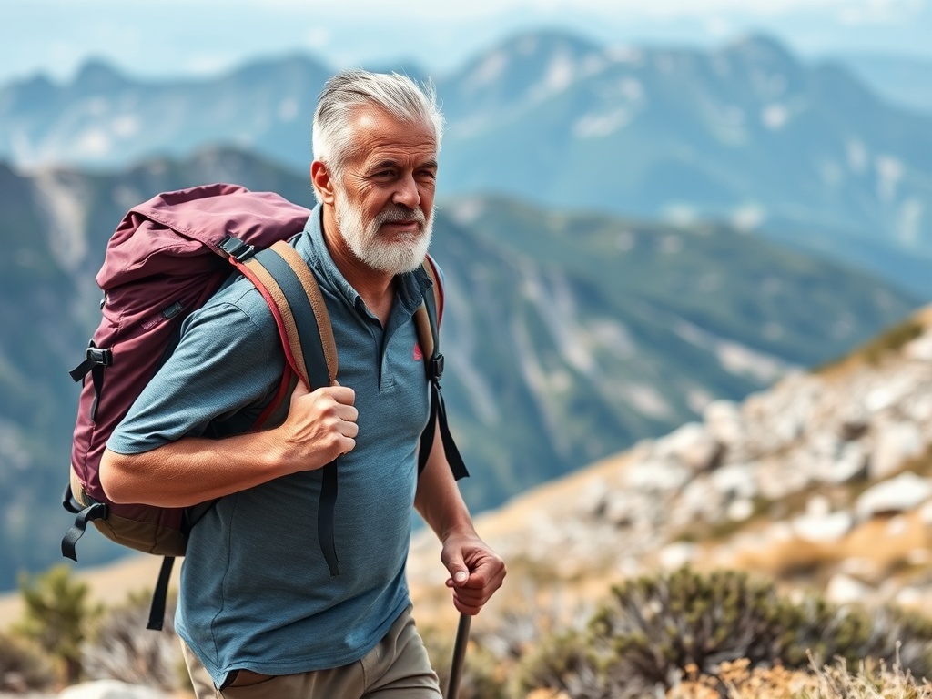 man over 40 hiking with weighted backpack on trail, steady pace, mountain environment, functional fitness