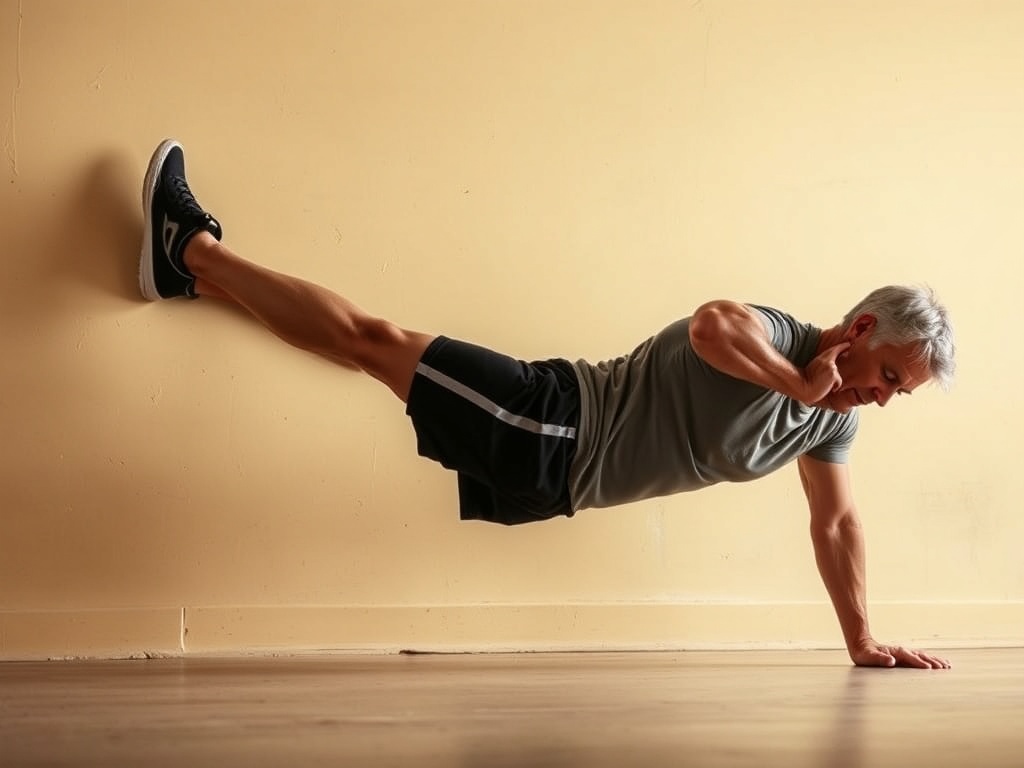 middle-aged athlete holding wall sit and plank positions, intense focus, simple indoor setting, minimal equipment