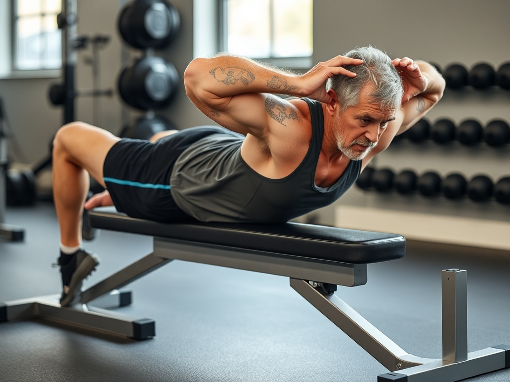 middle-aged man performing incline push-ups on bench, controlled motion, joint-friendly upper body training
