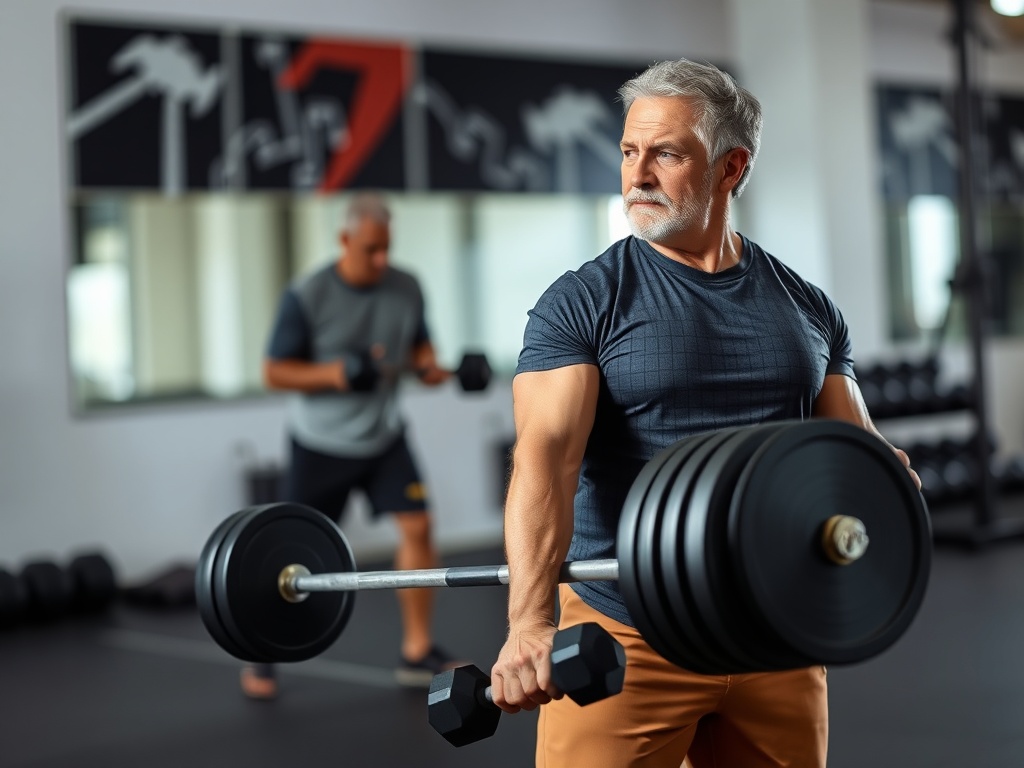 middle-aged man performing Romanian deadlift with dumbbells, focusing on hip hinge, neutral spine, controlled movement
