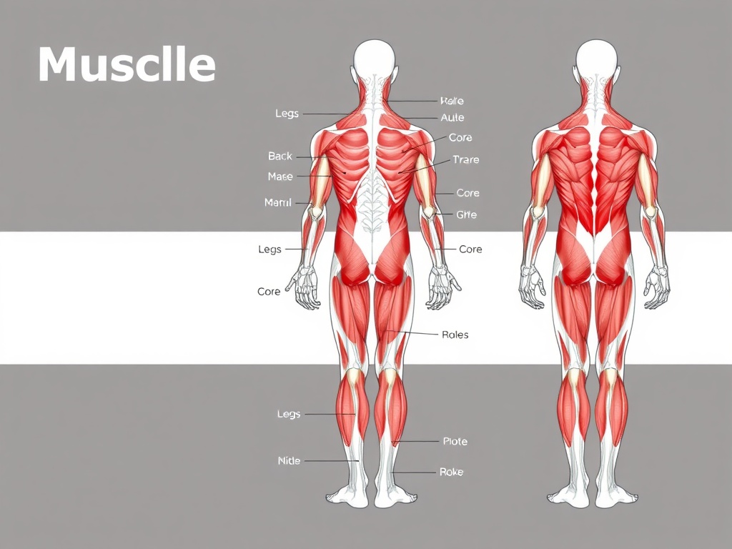 A diagram of muscle anatomy showing the major muscle groups, with emphasis on legs, core, and back