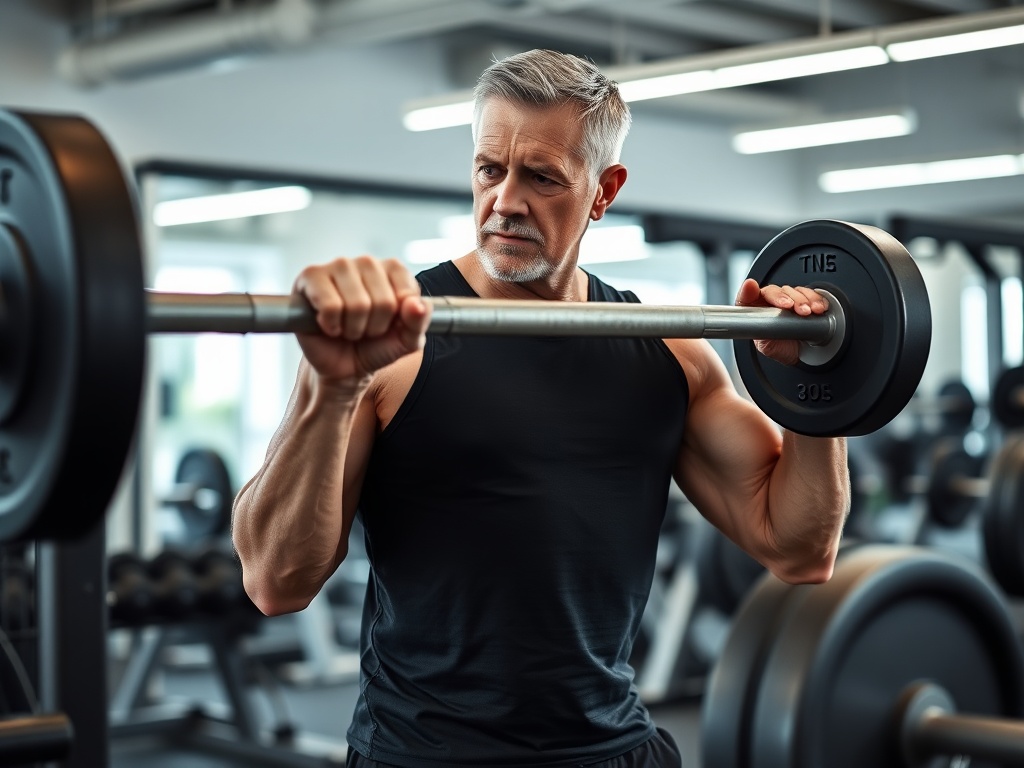 A person in their 40s lifting weights in a clean, modern gym, focusing on proper form with a neutral expression