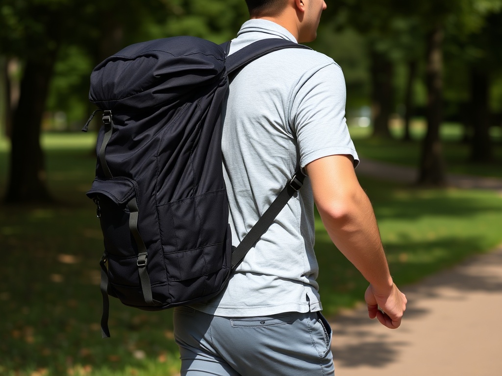 A person walking with a weighted rucksack in a park, showing a strong and controlled posture