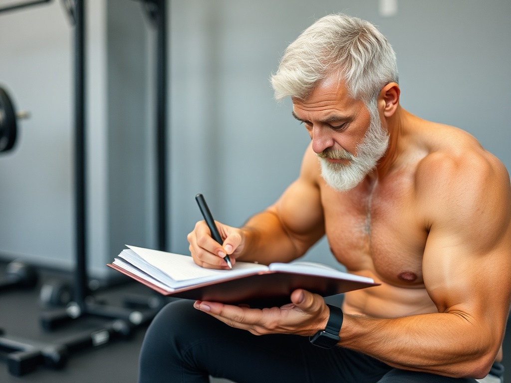A mature individual writing in a logbook after completing a workout