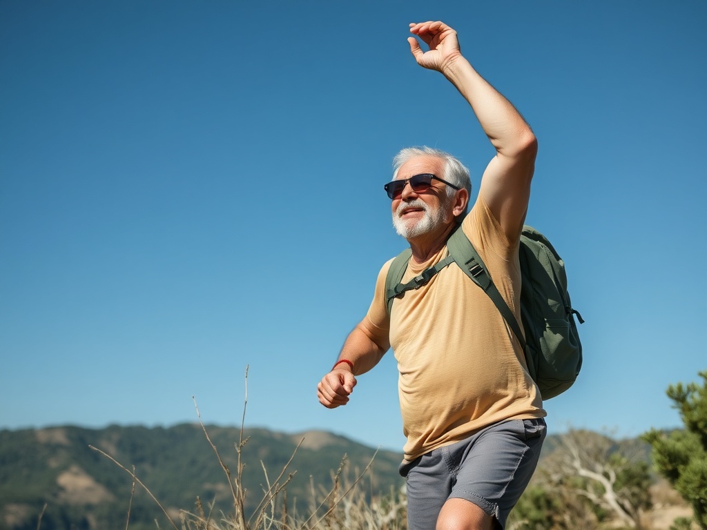 A mature person enjoying a hike with visible strength and endurance