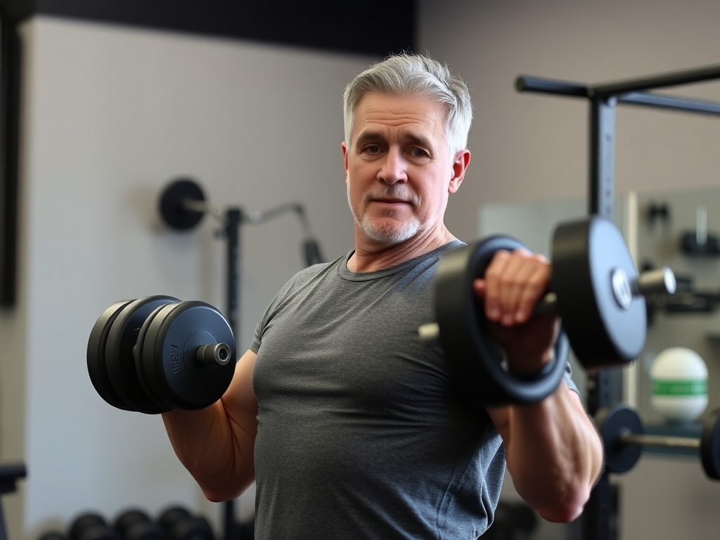 A person in their 40s lifting weights with a focus on form and functional movement