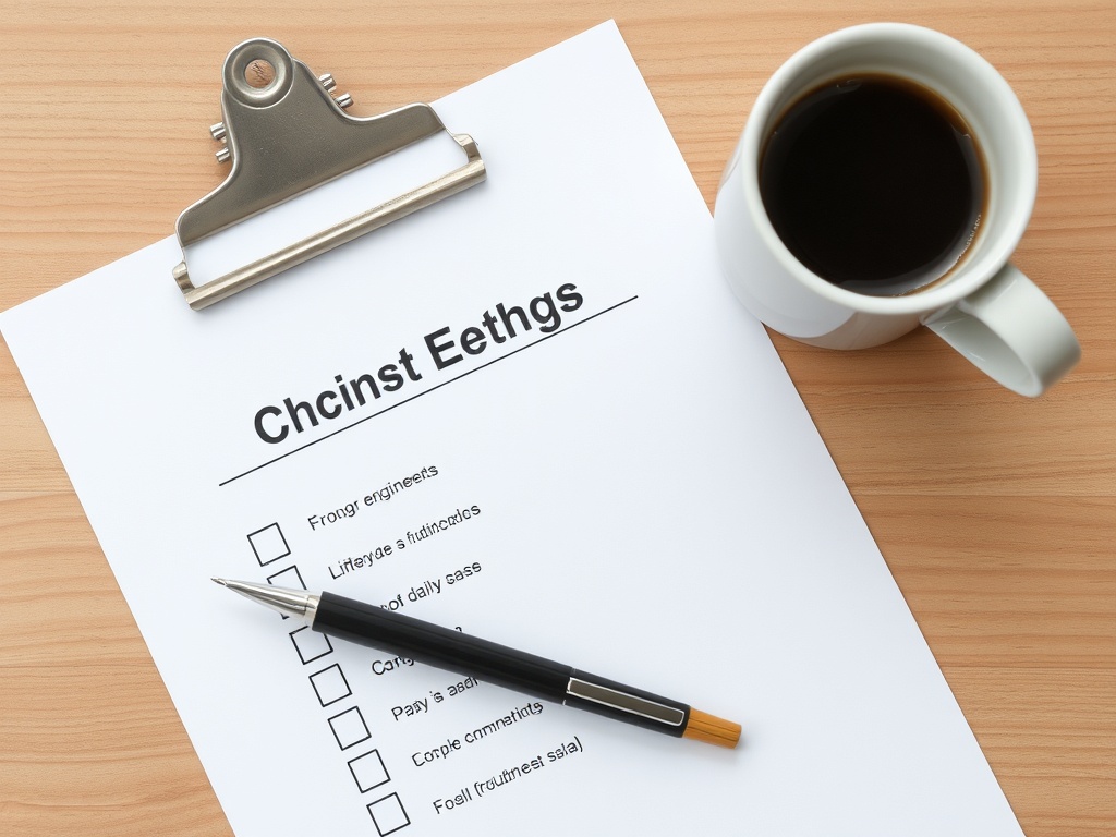 clean engineering style checklist on paper next to a pen and coffee representing a structured daily routine system