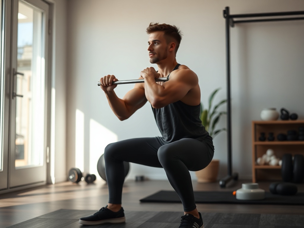 person performing a deep squat hold and controlled shoulder movement in a minimalist home gym with soft natural lighting