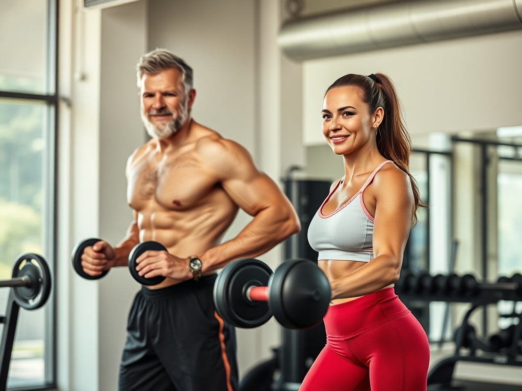 athletic man and woman in their 40s training confidently in a modern gym, natural lighting, strong and healthy physiques