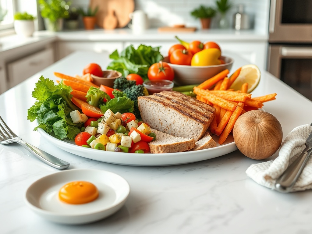 balanced healthy meal with protein vegetables and whole foods on a clean kitchen table, natural lighting