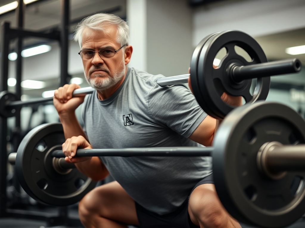 middle aged person performing controlled barbell squat with perfect form, focused expression, gym setting