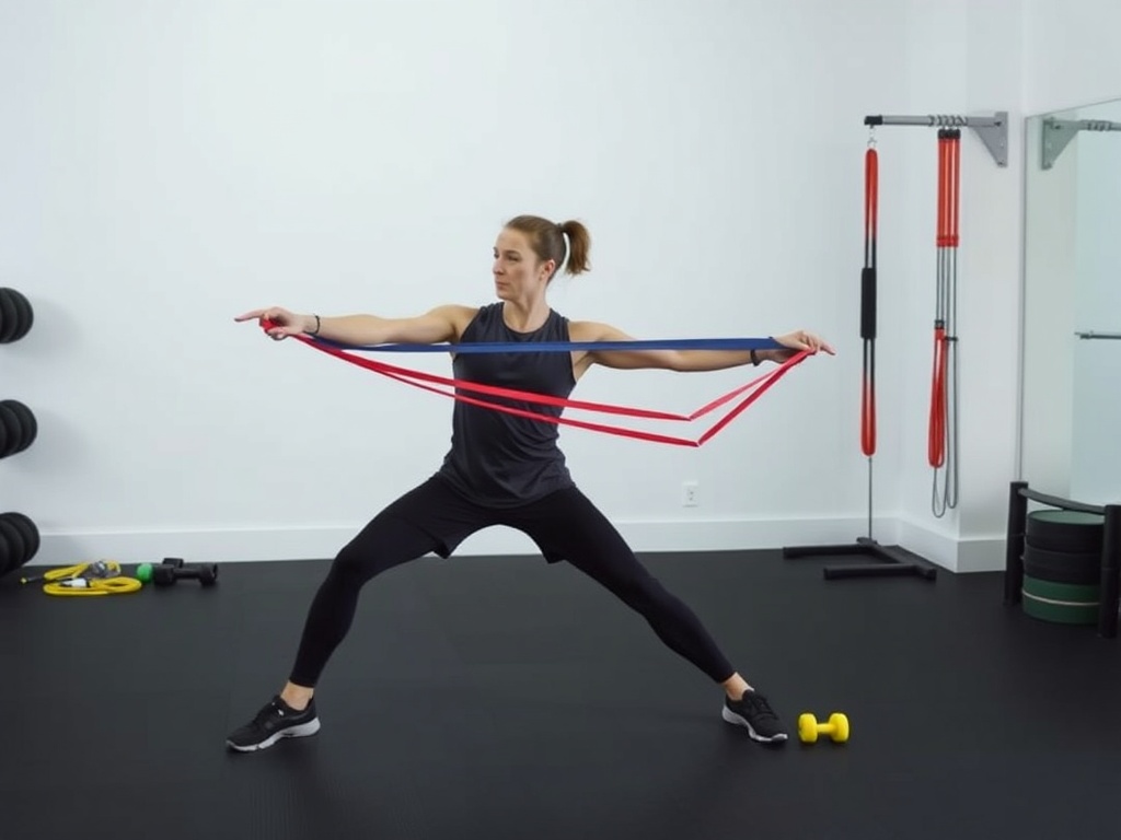 person doing dynamic mobility warmup stretches in a clean gym space, resistance bands and light weights visible