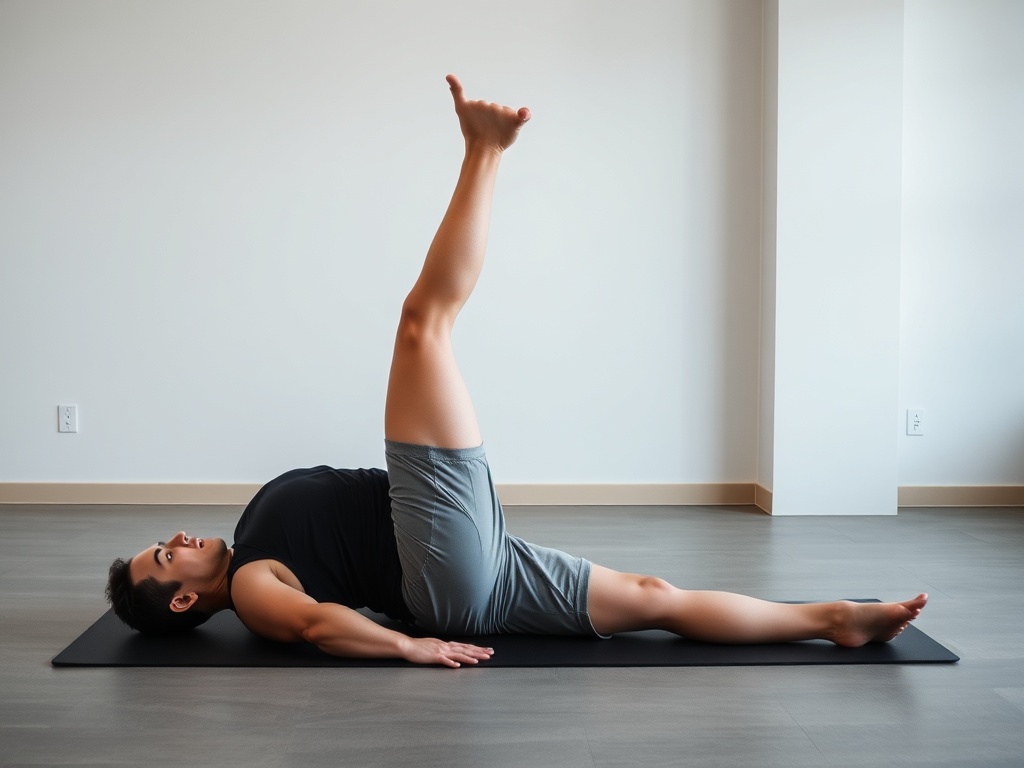 person performing deep hip mobility stretch on mat, controlled movement, minimalistic gym or home setup