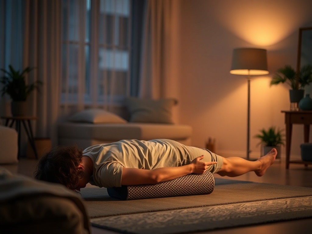 relaxed evening recovery scene, person stretching at home with foam roller, calm lighting