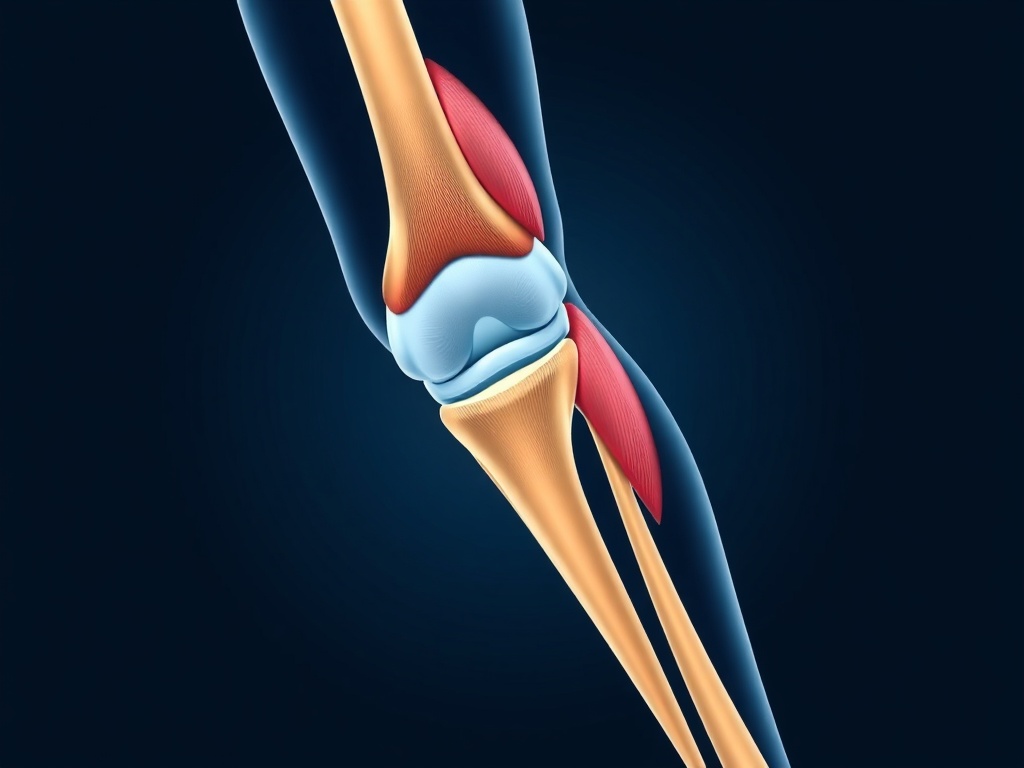 anatomical style illustration of the knee joint showing muscles tendons and alignment in a clean engineering diagram style