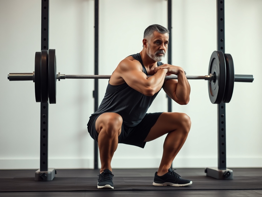 middle aged man performing controlled squat in a minimalist gym with focus on joint alignment and posture neutral tones