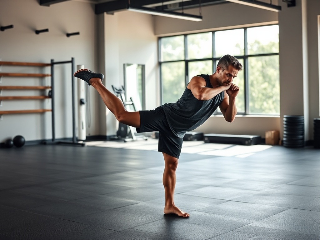 single leg strength training exercise demonstration with clear alignment and stability emphasis in natural light gym setting