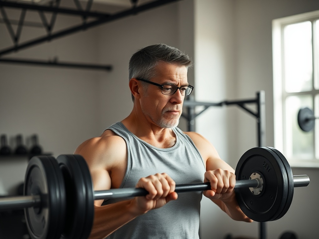 a focused middle-aged athlete performing controlled strength training in a minimalist gym with natural light, emphasizing form and tension