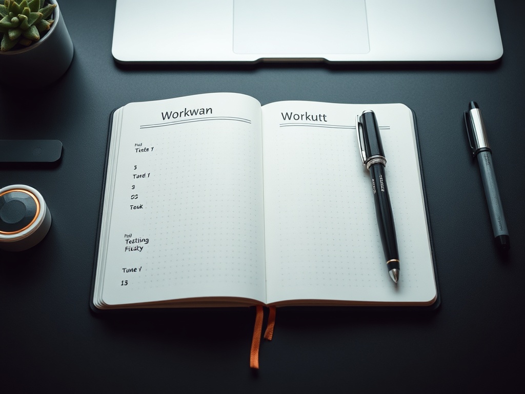 clean structured weekly workout plan written in a notebook with fountain pen, minimal desk setup