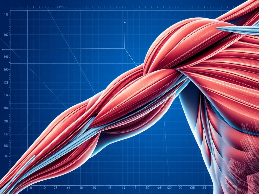 diagram-style visual of muscle fibers under tension with clean lines and blueprint aesthetic