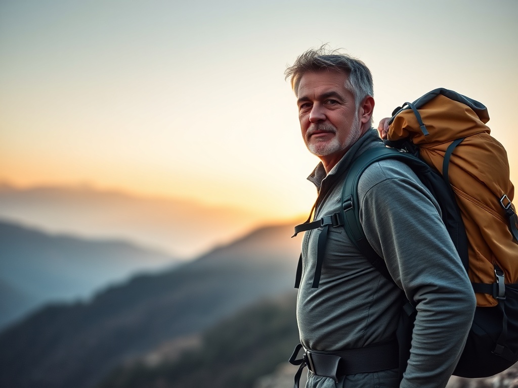 early morning rucking scene in mountains with a middle-aged person carrying weighted backpack, calm and focused mood