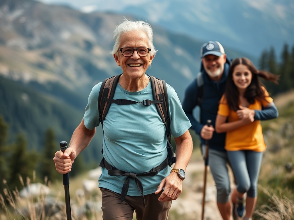 older athlete confidently hiking with family in mountains representing long-term functional strength and independence