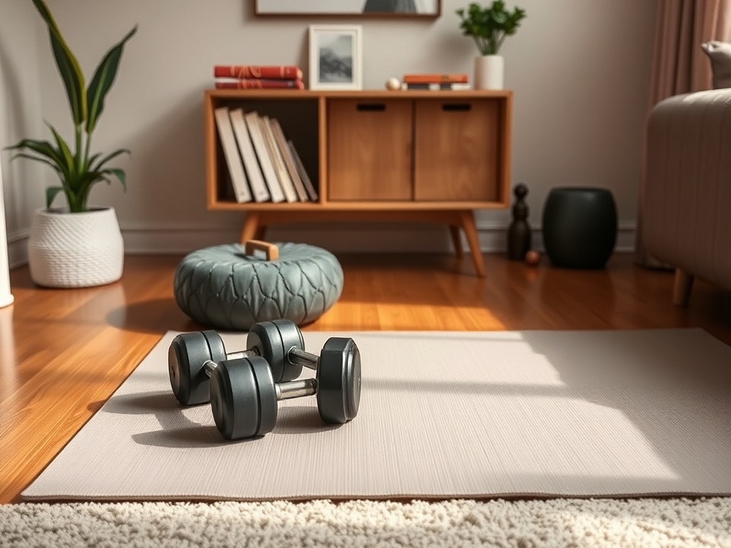 minimal home workout setup dumbbells and mat in small living space inviting and simple