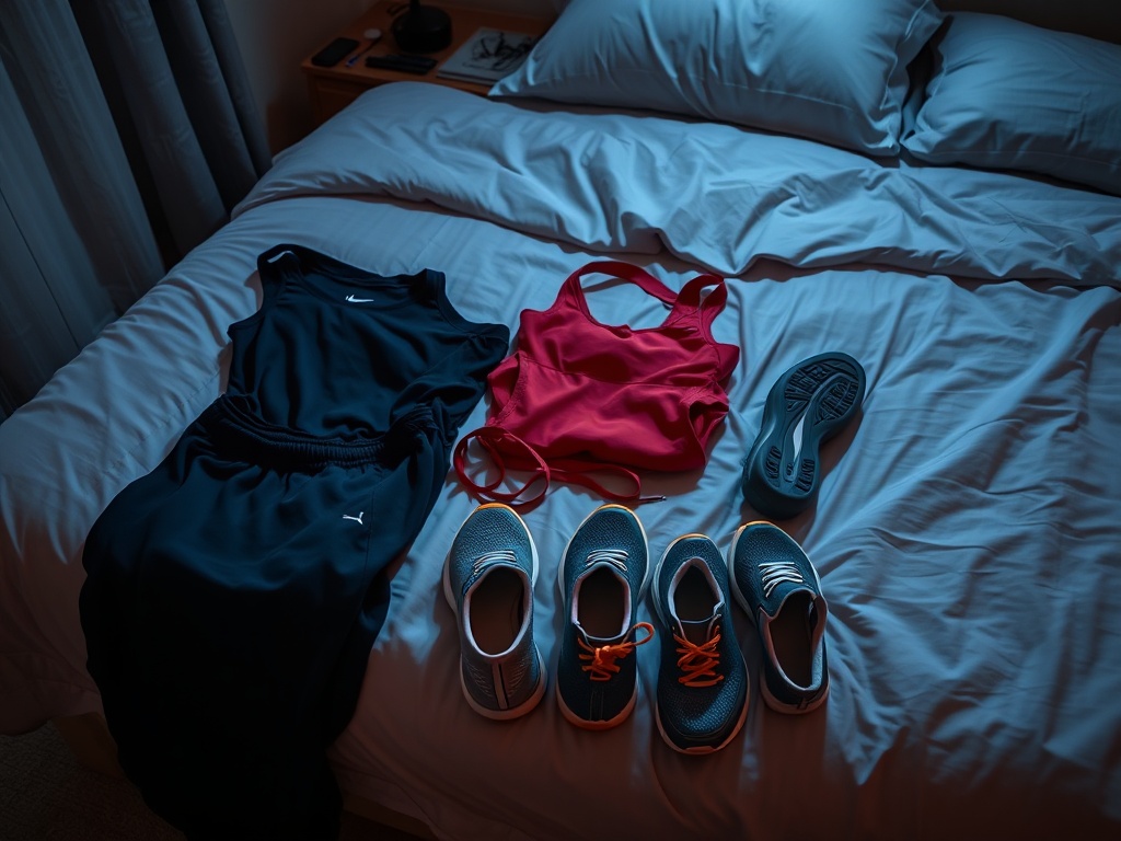neatly laid out workout clothes and shoes beside bed night time preparation scene