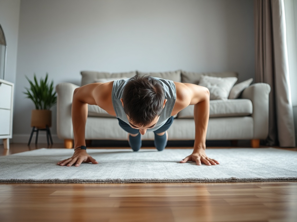 person doing a few pushups in living room minimal effort realistic beginner scene