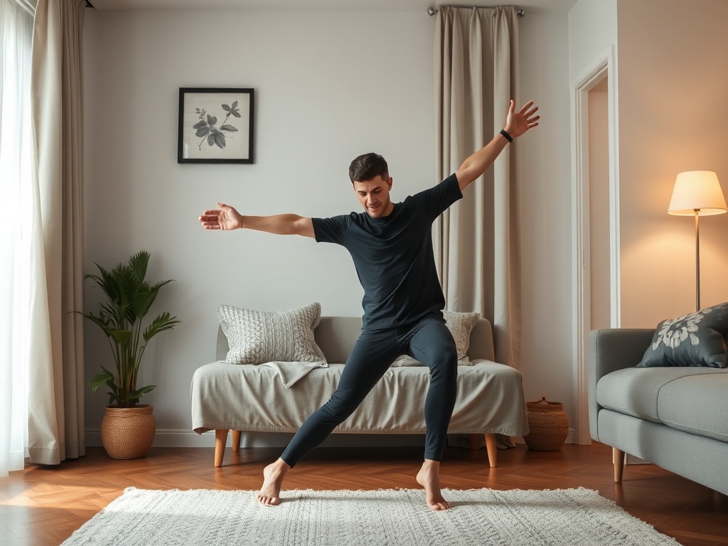 person doing quick stretch or light exercise in small apartment keeping streak alive