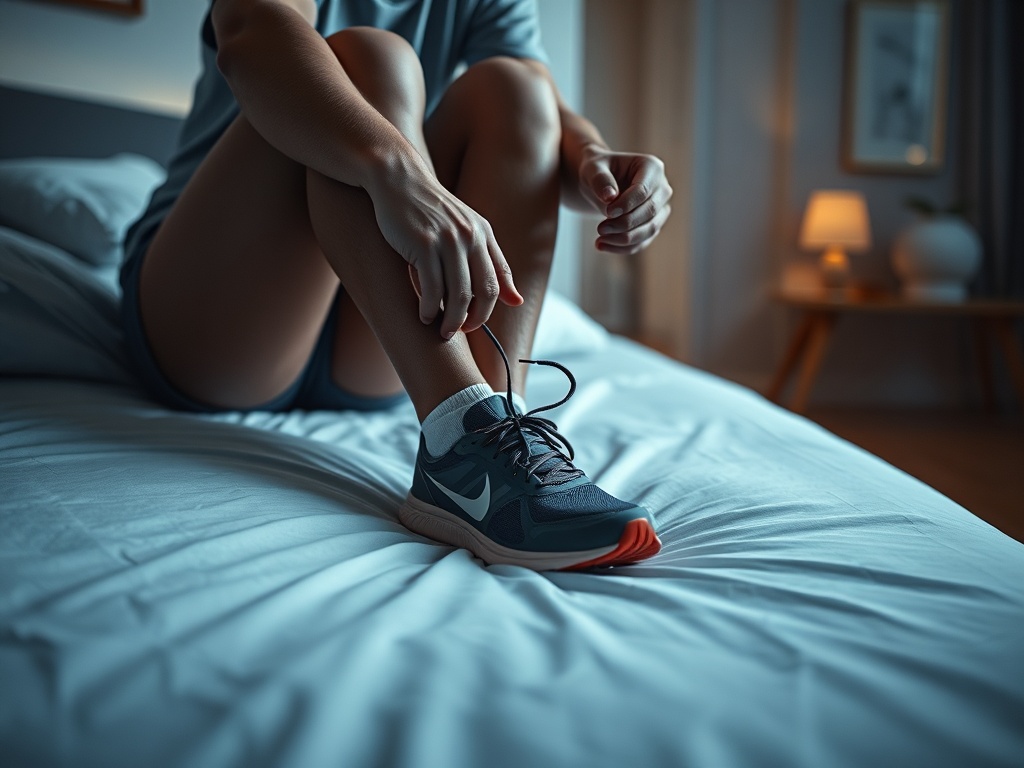 person sitting on edge of bed tying running shoes early morning dim light realistic home setting
