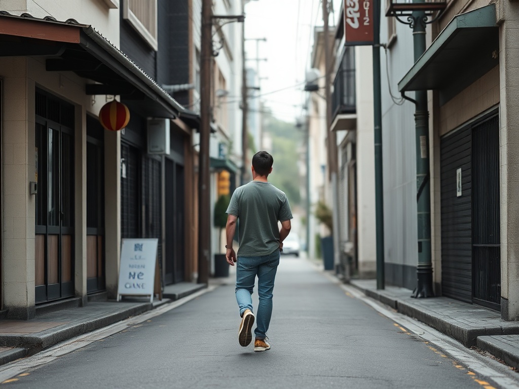 person walking outside on quiet street simple casual clothing realistic everyday scene