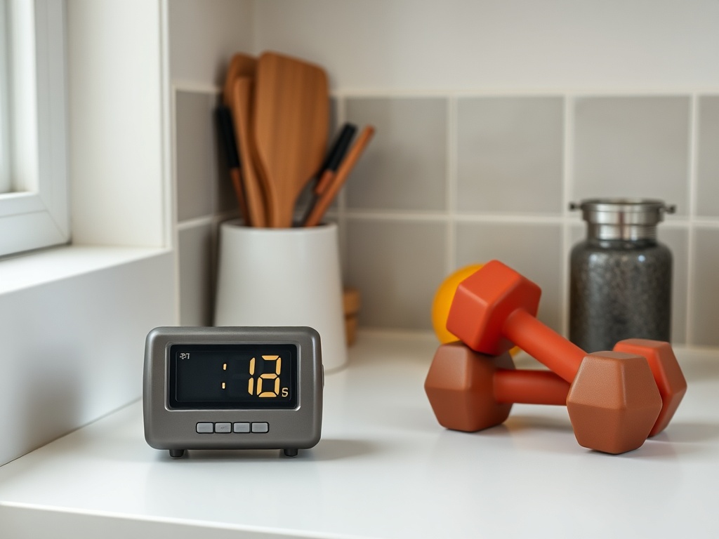 simple kitchen timer on counter counting down with dumbbells nearby small home workout scene
