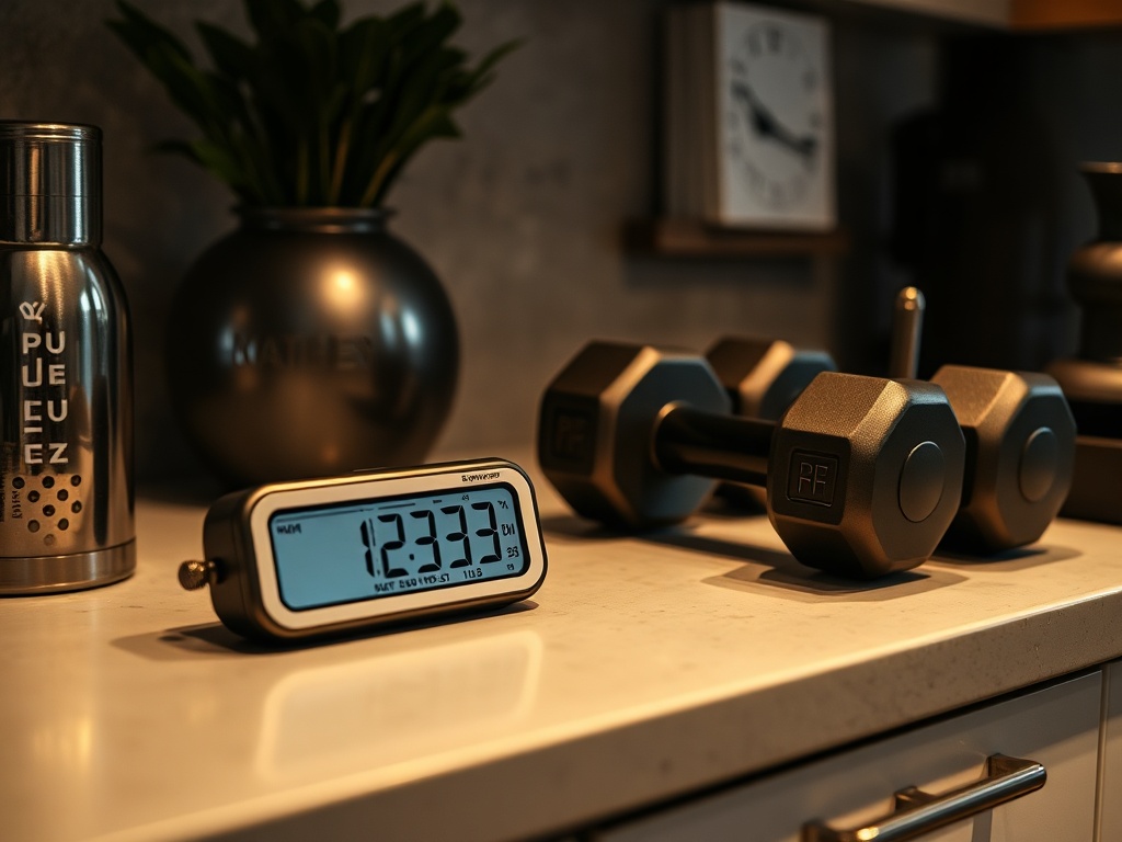 kitchen timer on a counter next to dumbbells, cozy home gym vibe, minimal setup