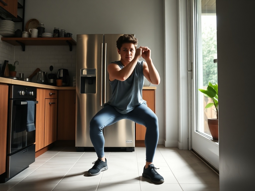 person doing bodyweight squats while waiting for coffee to brew in kitchen, everyday routine