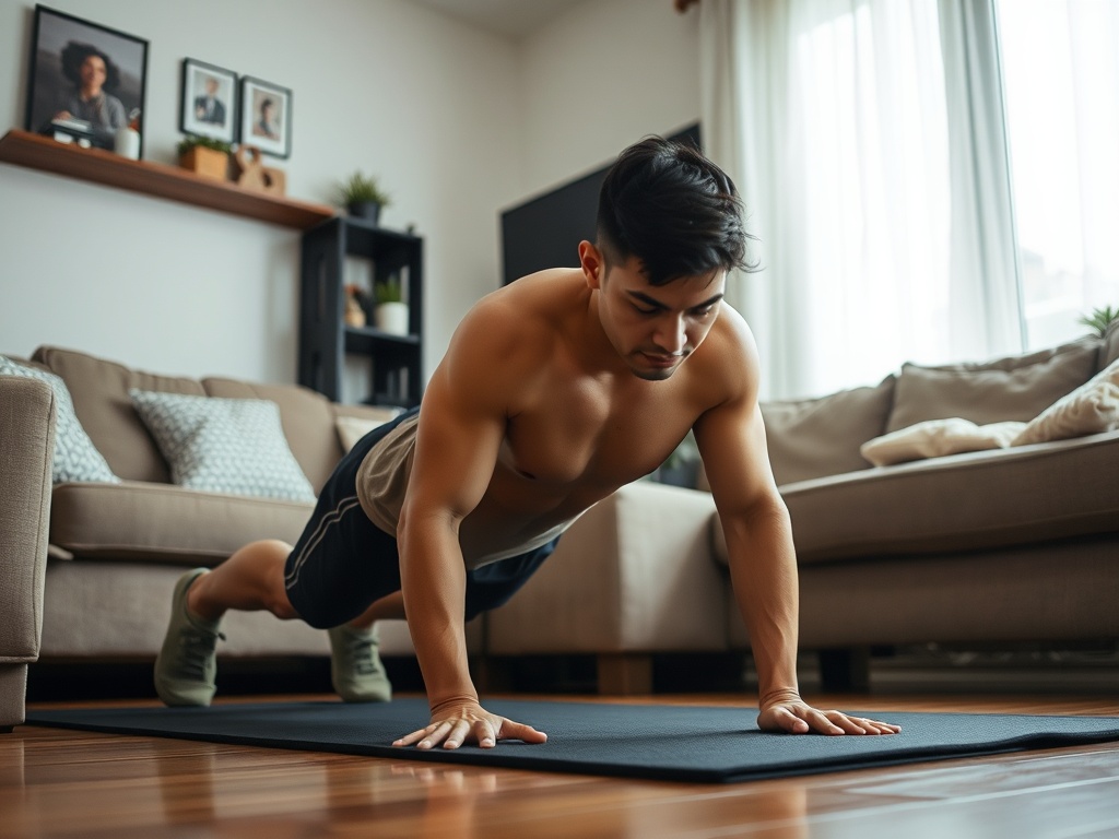 person doing one simple push-up in a small living room, realistic effort, no fancy setup