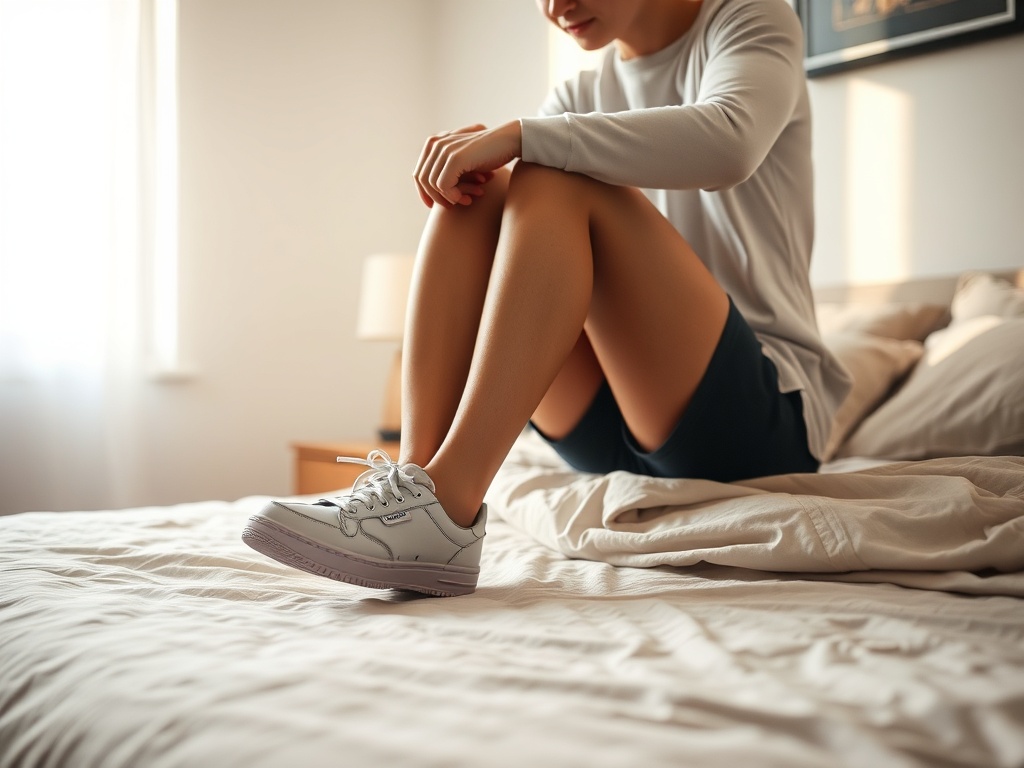 person sitting on edge of bed tying sneakers early morning, soft light, simple home environment