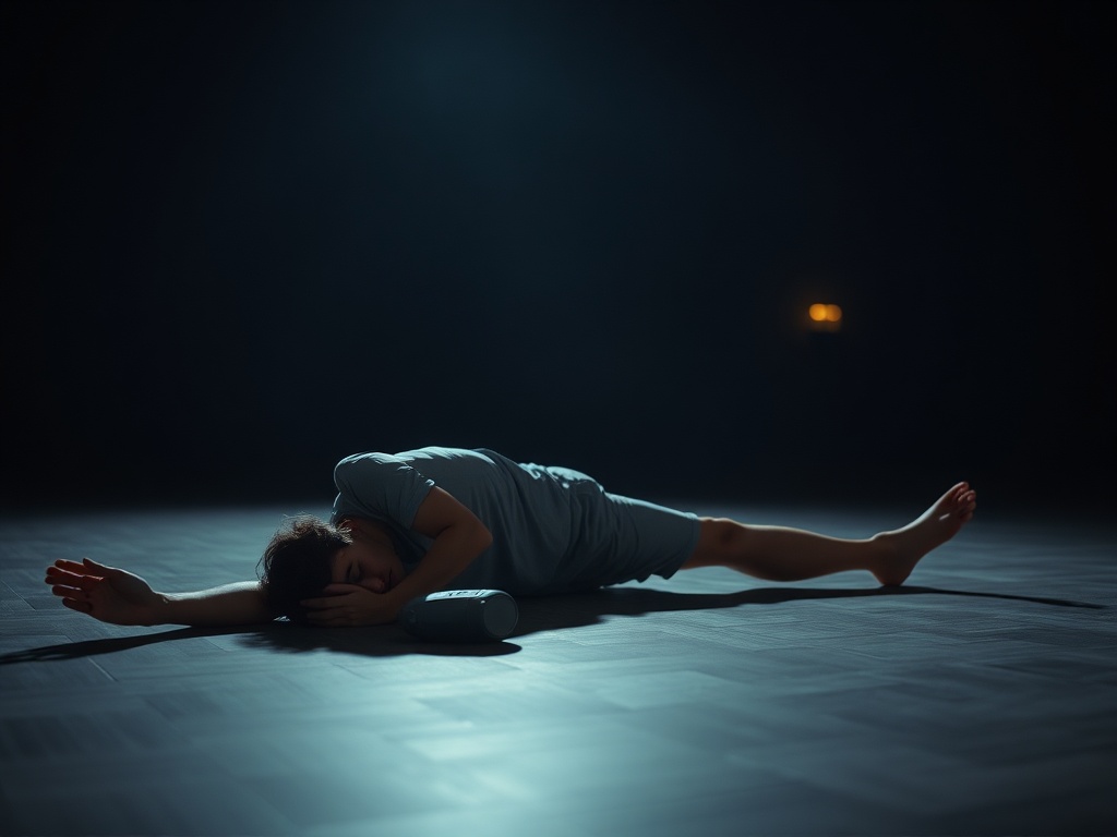 person stretching gently on floor at night, low energy, relaxed lighting