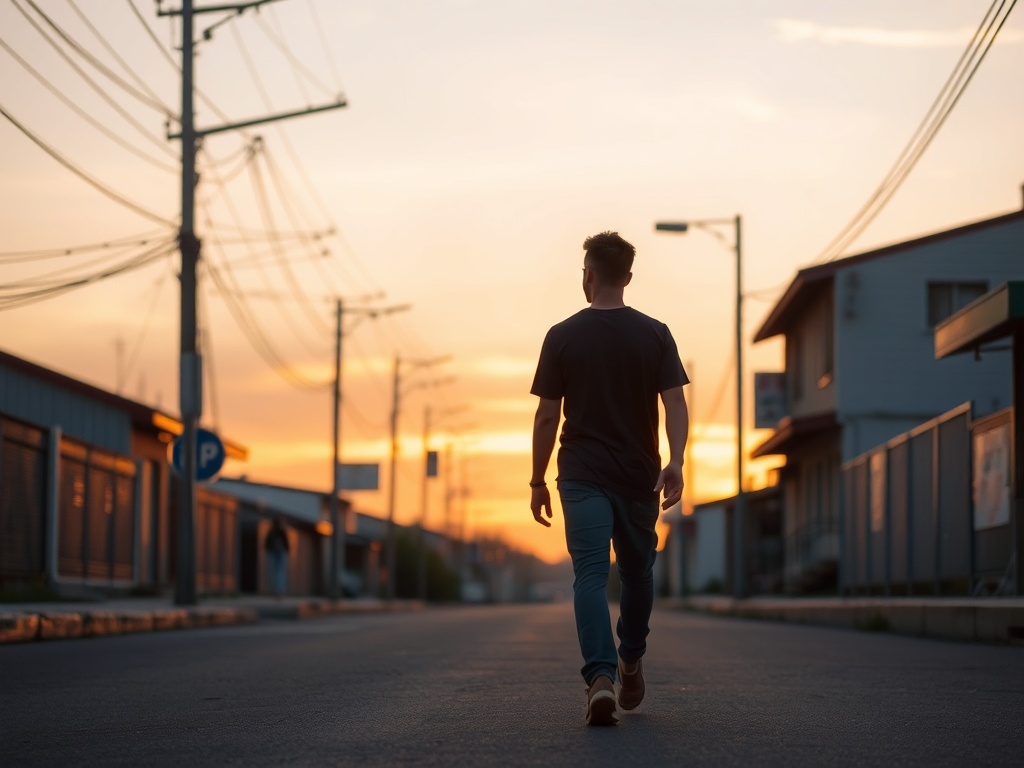 person walking on a quiet street at sunset, casual clothes, calm mood, realistic everyday setting