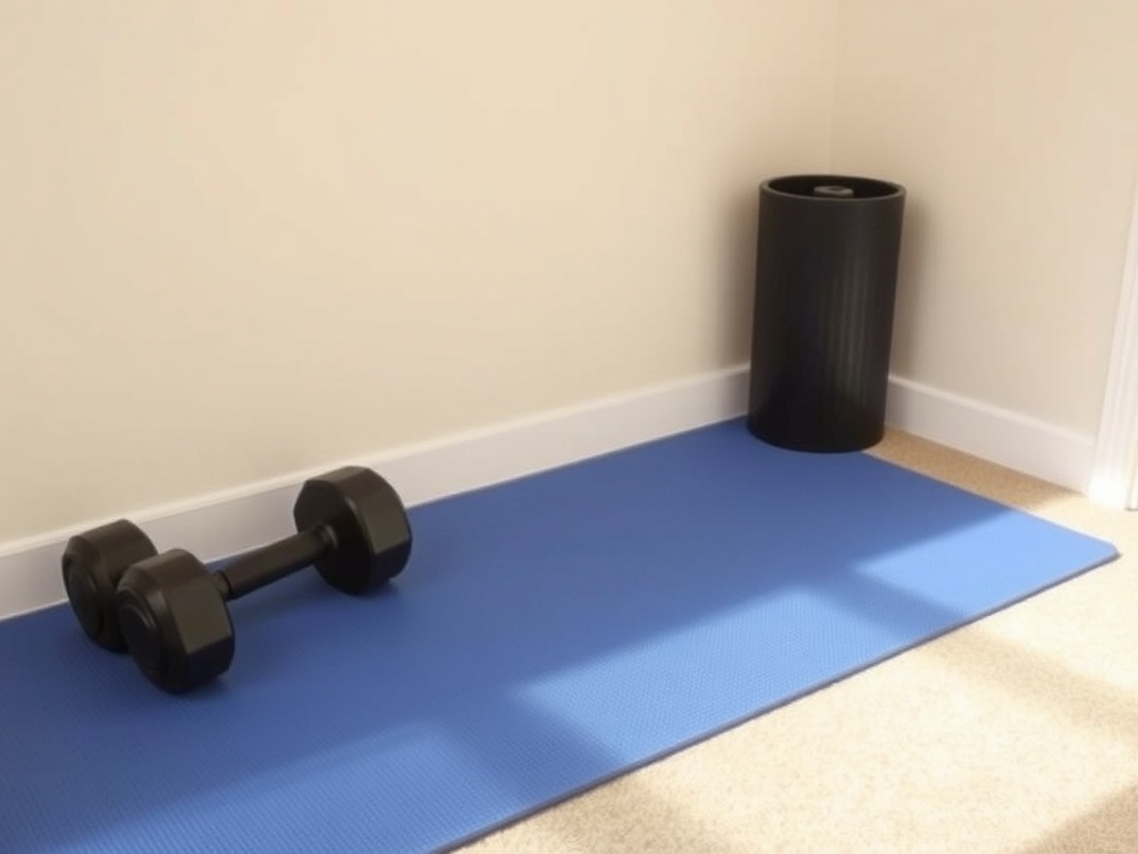 simple home workout corner with dumbbells and mat, clean uncluttered space