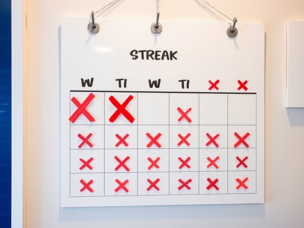 wall calendar with red X marks tracking daily streak, simple and motivating