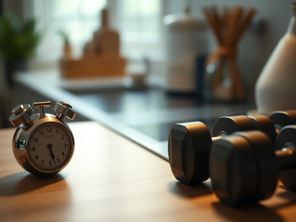 kitchen timer counting down 20 minutes next to dumbbells simple focused scene