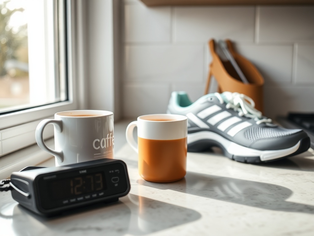 morning coffee on kitchen counter next to workout shoes and timer natural light lifestyle scene